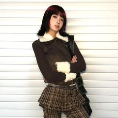 Aiertu Japanese Y2k Fur Coat Women American Retro Brown Knitted Jacket Vintage Korean Style Zipper Coat Winter 2000s Aesthetics Aiertu