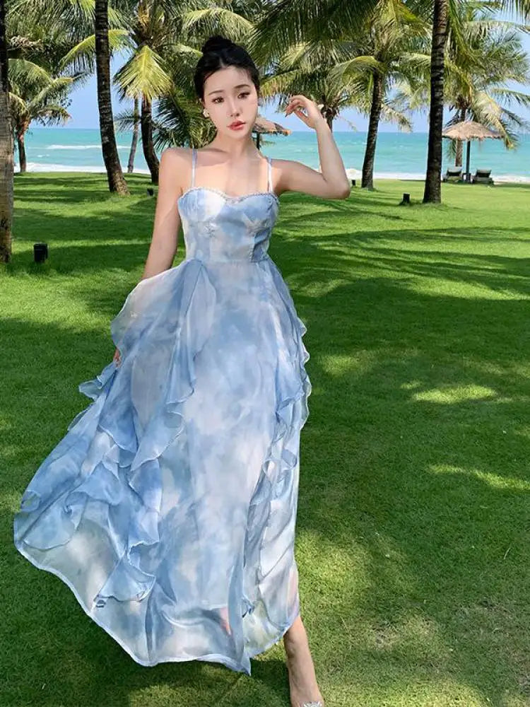 Aiertu Summer Elegant Sleeveless Backless A-line Slip Dress Retro Blue Tie Dye Slim Ruffles Irregular Party Long Dresses For Women Aiertu