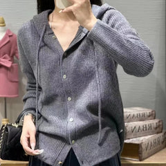 Aiertu 100% Pure Wool Sweater Women's Clothing Knitted Cardigan Autumn Winter New Casual Hooded Cardigan Loose Korean Long Sleeved Top Aiertu
