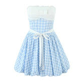 AIERTU - Blue Gingham Halter Mini Dress Women Y2K Ruffle Bustier Puff Balloon Hem Party Dress Aiertu