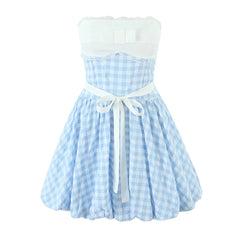 AIERTU - Blue Gingham Halter Mini Dress Women Y2K Ruffle Bustier Puff Balloon Hem Party Dress Aiertu