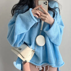 Aiertu FALL OUTFITS Autumn Winter Women Solid Casual Loose Warm Sweater V-Neck For Women Long Sleeve Split Irregular Jumpers Knit Pullovers Aiertu
