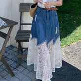 AIERTU - Lace Denim Skirts for Women Spring Summer Elegant A-line Long Skirt Korean Fashion Versatile Sweet Faldas Mujer Aiertu