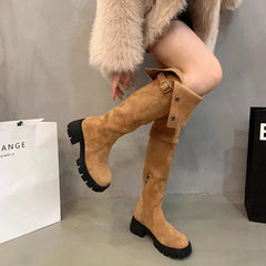 Autumn Winter Platform Women Over The Knee High Boots Fashion Slip On Thick Heels Shoes Ladies Knight Long Botas De Mujer Aiertu