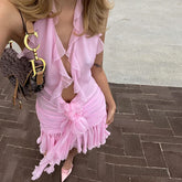 Aiertu Y2K Ruffles Strap 3D Flower Decro Bodycon Dress Sexy Low Cut Chest Wrap Backless Halter Dress Women Club Party Night Vestidos Aiertu