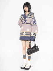 Aiertu Y2K Star Sweater Women Harajuku Striped Knitted Pullovers Jumpers Female Tops Oversize Purple Green Streetwear Hip Hop Aiertu