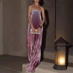 AIERTU - New Women's Gradient Color Tube Top Dress Sleeveless Pleated High Waist Midi Dress Party Club Streetwear Fashion Outfit Aiertu