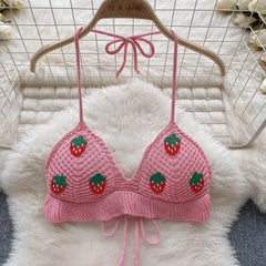 Aiertu Strawberry Sweet Beach Two Pieces Sets Halter Backless Camis+Short Skirts Fashion Hook Flower Hollow Out Beach Suits Aiertu