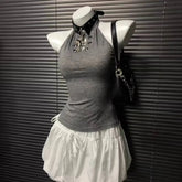 AIERTU - New Summer Women's Gray Hollow Out Halter Cami Top Vintage Stylish Hot Girl Top For Daily Street Fashion Outfits Aiertu