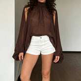 AIERTU - Women Chiffon Mock Neck Shirts Split Bishop Sleeve Solid Color Flowy Tops Classic Summer Female Blouses Tops Aiertu