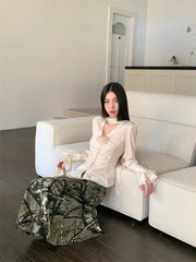 Aiertu Fairycore Style V-neck Shirt Women Long Sleeve Casual Chic Autumn Korean Fashion Blouses Women Elegant Ladies Tops Aiertu