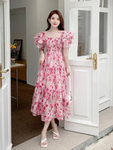 Aiertu Summer New Square Collar Pleated Long Dress French Style Butterfly Sleeve Elegant Sweet Print Dress Female Fashion Night Party Aiertu