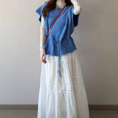 AIERTU - Spring French Blue Short Sleeve Pullovers Batwing Sweaters New Design Drawstring Lace Up Women'S Wave Cut Knitted Tops Y2K Aiertu