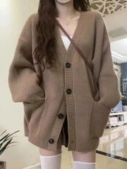 AIERTU - Japanese Sweet Knitted Cardigan Women Fall Winter Lazy Wind Loose Casual Sweaters V Neck Solid Student Fashion Elegant New Coats Aiertu