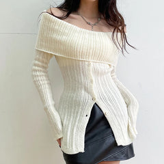Aiertu Elegant Button Up Split Sweater Full Sleeve Casual Solid Slash Neck Knitted Jumpers for Women Korean Fashion Vintage Y2k Aiertu