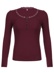 American Retro Red Solid Slim Ribbed T-Shirt Women Button Up Lace Trim O Neck Long Sleeve Spring Auttumn Vintage Tees Aiertu