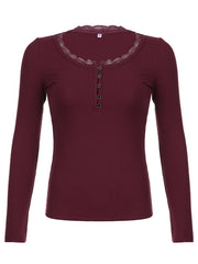 Aiertu American Retro Red Solid Slim Ribbed T-Shirt Women Button Up Lace Trim O Neck Long Sleeve Spring Auttumn Vintage Tees Aiertu