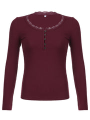 Aiertu American Retro Red Solid Slim Ribbed T-Shirt Women Button Up Lace Trim O Neck Long Sleeve Spring Auttumn Vintage Tees Aiertu