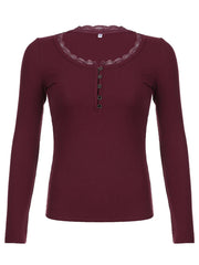 Aiertu American Retro Red Solid Slim Ribbed T-Shirt Women Button Up Lace Trim O Neck Long Sleeve Spring Auttumn Vintage Tees Aiertu