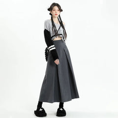Aiertu Vintage Grey Suit A-line Skirt Women's Spring Autumn College Style High Waist Pleated Mid Length Skirt Femal aiertu