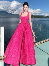 Aiertu Summer New Women French Rose Red Elegant Jacquard Evening Party Dresses Square Neck Backless Princess Birthday Long Dress Simple Aiertu