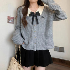 Aiertu Kawaii Sweet Cardigan Sweater Woman Grey Bow Knitted Tops Coquette Fashion Korean Style Sweater Autumn Winter Casual Aiertu