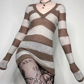 y2k Grunge Striped Knitted V Neck Sweater Dress for Women Mall Goth Emo Vintage Mini Dress Fall Winter Slim Fit Jumpers Aiertu