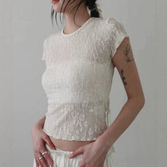 AIERTU - Retro Chinese Three-dimensional Jacquard Rose Simple Texture Short-sleeved Slim T-shirt Top Short Style Aiertu