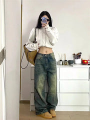 Aiertu Autumn Winter New Ladies Baggy Jeans American High Street Wide Leg Women's Jeans Note Embroidery Women Pants High Waist Aiertu