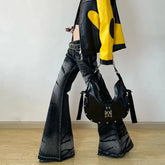 Aiertu American Retro Black Flare Jeans Vintage Distressed Baggy Jeans Grunge Bell Bottom Denim Pants Boyfriend Mopping Jeans Aiertu