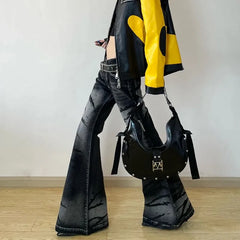 Aiertu American Retro Black Flare Jeans Vintage Distressed Baggy Jeans Grunge Bell Bottom Denim Pants Boyfriend Mopping Jeans Aiertu