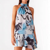 AIERTU - Women'S Sexy Sleeveless Blackless O Neck Strap Halter Short Mini Dress Spicy Beach Printed Vintage Summer Beach Dresses Aiertu