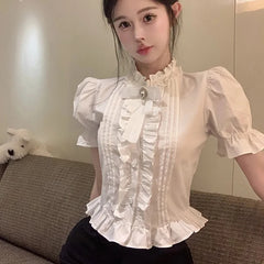 White Elegant Shirt Women Summer Sweet Cute Puff Sleeve Crop Top Korean Ruffles Chic Slim Vintage Office Ladies Blouse New Aiertu