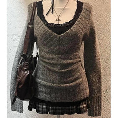 Aiertu Sexy Vintage V-neck Knitted Pullovers Women Early Y2k Grunge Sweaters Mujer Autumn Fashion Long Sleeve Pullovers Slim Aiertu