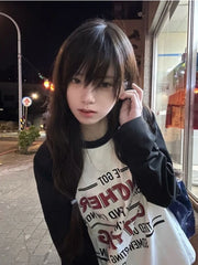 Aiertu Casual Loose Preppy Letter Print Tshirts Patchwork Contrast Color Trendy T-shirts Women Streetwear Grunge Long Sleeve Tees Y2k Aiertu