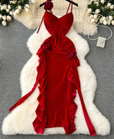 Aiertu DRESS TO IMPRESS French Retro Velvet Dress Ladies Spaghetti Strap Sleeveless 3D Flowers Split Red Evening Party Sexy Dresses aiertu