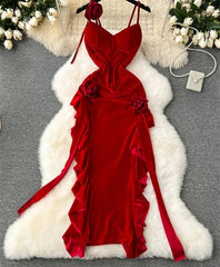 Aiertu DRESS TO IMPRESS French Retro Velvet Dress Ladies Spaghetti Strap Sleeveless 3D Flowers Split Red Evening Party Sexy Dresses aiertu