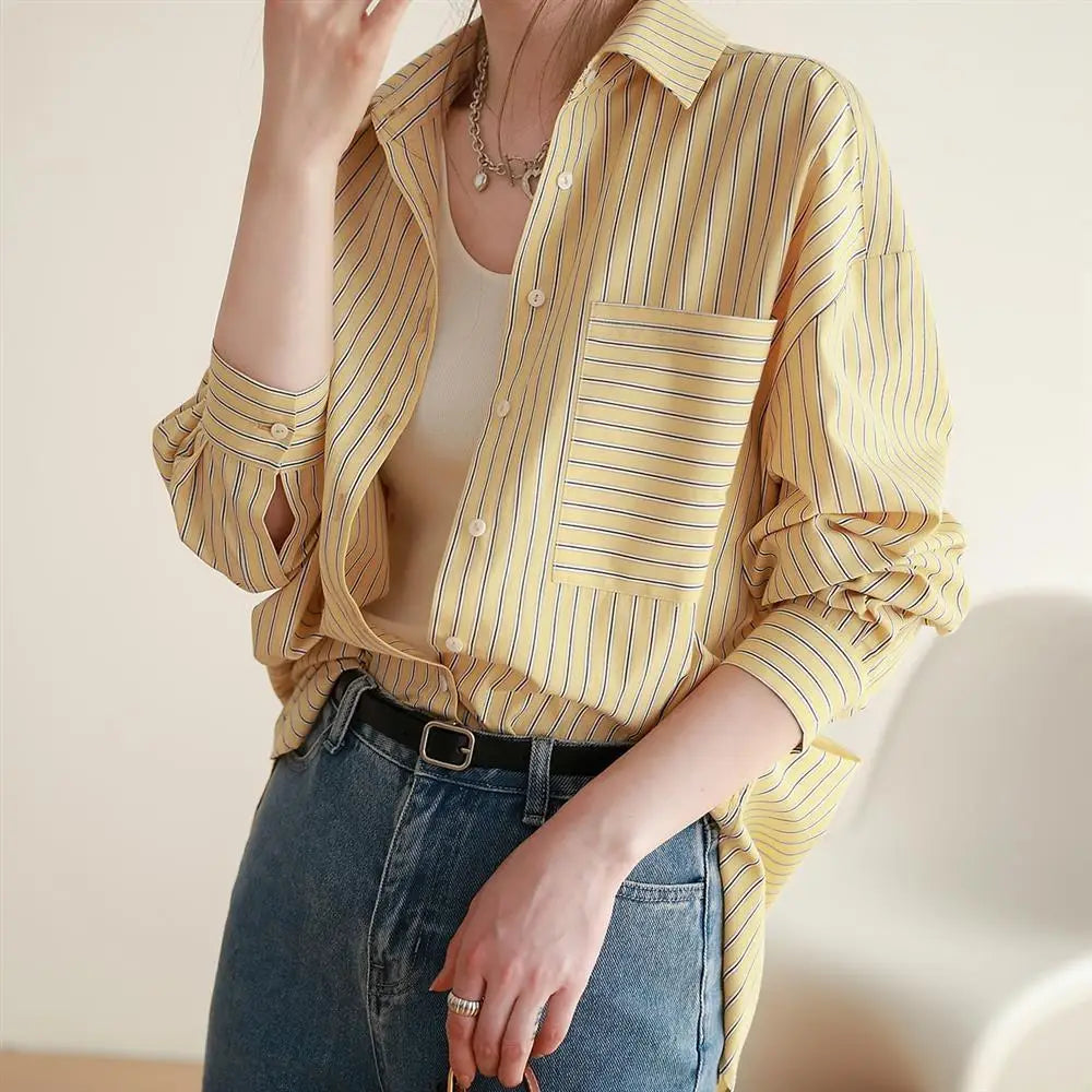 Aiertu Office Lady's Elegant Shirt Jacket Women's Loose Striped Long Sleeved Shirts And Blouses Summer Trend Korean Sweet Casual Top Aiertu