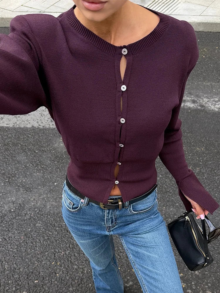 AIERTU - Womens Knit Cardigan Button Up Slim Fit Crop Crew Neck Long Sleeve Ribbed Trim Autumn Casual Streetwear Stretch Cardigan Aiertu