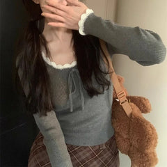 Aiertu Kawaii Bow T-shirts Women Coquette Lace Sexy Korean Fashion Sweet Long Sleeve Cutecore Slim Up Solid Aesthetics Tops Aiertu