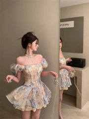 Aiertu French Style Elegant Dresses Socialite Jacquard One Shoulder Short Sleeved Dress Summer Waistband A-line Fluffy Vestido Aiertu