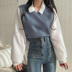 Aiertu Thread of Screw False Two-piece Polo Collar Sweatshirts Women Korean Patch Fashion Loose Female Pullovers Autumn Winter Y2k Tops Aiertu