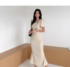 Aiertu Hot Sales Women Summer Casual 2 Pieces Set Double-breasted Short Top + Mermaid Skirt Korean Slim Simple Skirts Suits Aiertu