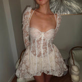 AIERTU - Women's French Cold Elegant White Lace Mini Dress New Summer Square Neck Puff Skirt Sweetheart Party Dress Aiertu