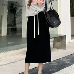 Aiertu Elegant Grey Long Skirts Women Korean Style Black Wrap Skirt Vintage Streetwear A-line Casual Solid All-match Skirts Aiertu