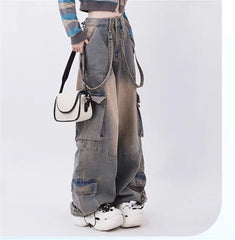 Aiertu Y2k Cargo Jeans Pants Women Rave Pants Street Oversize Loose Wide-leg Pockets Female Pant Vintage Hip Hop Denim Trousers Aiertu