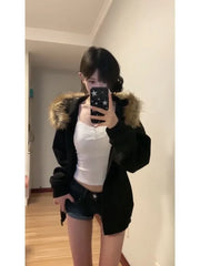 Aiertu Black Zip Up Hoodies Women Vintage Preppy Style Faux Fur Coat Korean Oversized Casual Sweatshirt Harajuku Autumn Winter Aiertu