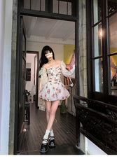 Aiertu Sweet Floral Sexy Strap Dress Women Folds Designer Casual Mini Fairy Dress Female 2024 Summer Puff Sleeve Korean Princess Dress Aiertu