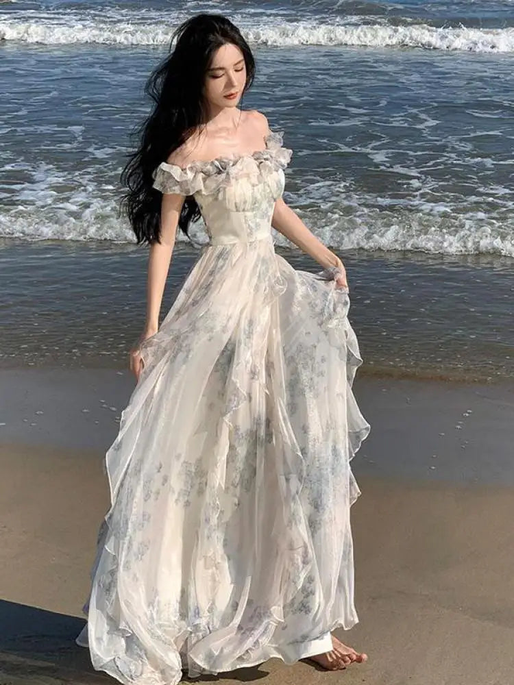 Aiertu French Vintage Bohemian Beige Print Ruffles Slip Long Dresses Summer Elegant Lady Off Shoulder Party Evening Dress Vestidos Robe Aiertu