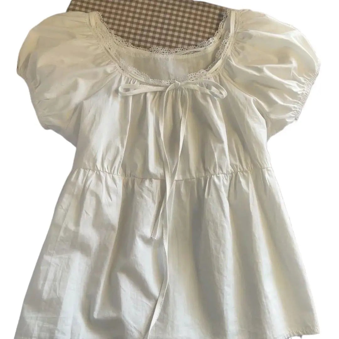 AIERTU - Summer New Style Lace Design Shirt White Short Sleeve Bubble Collar Slimming Doll Top Polyester Fabric 3D Effect Pure Color Aiertu